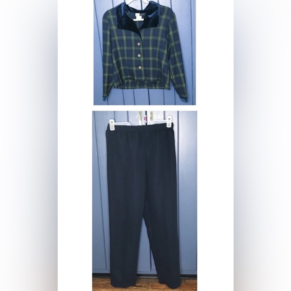 Vintage Dark Academia Suit Plaid Blazer Velvet Collar Navy Pants Size 6 8 Y2K